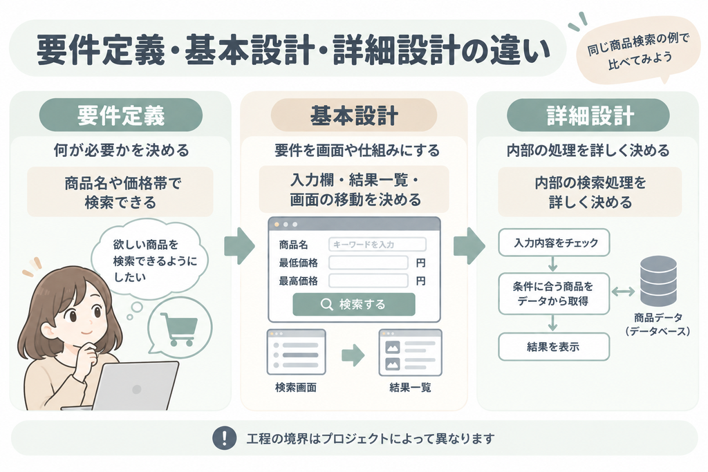 商品検索を例にした要件定義、基本設計、詳細設計の違い