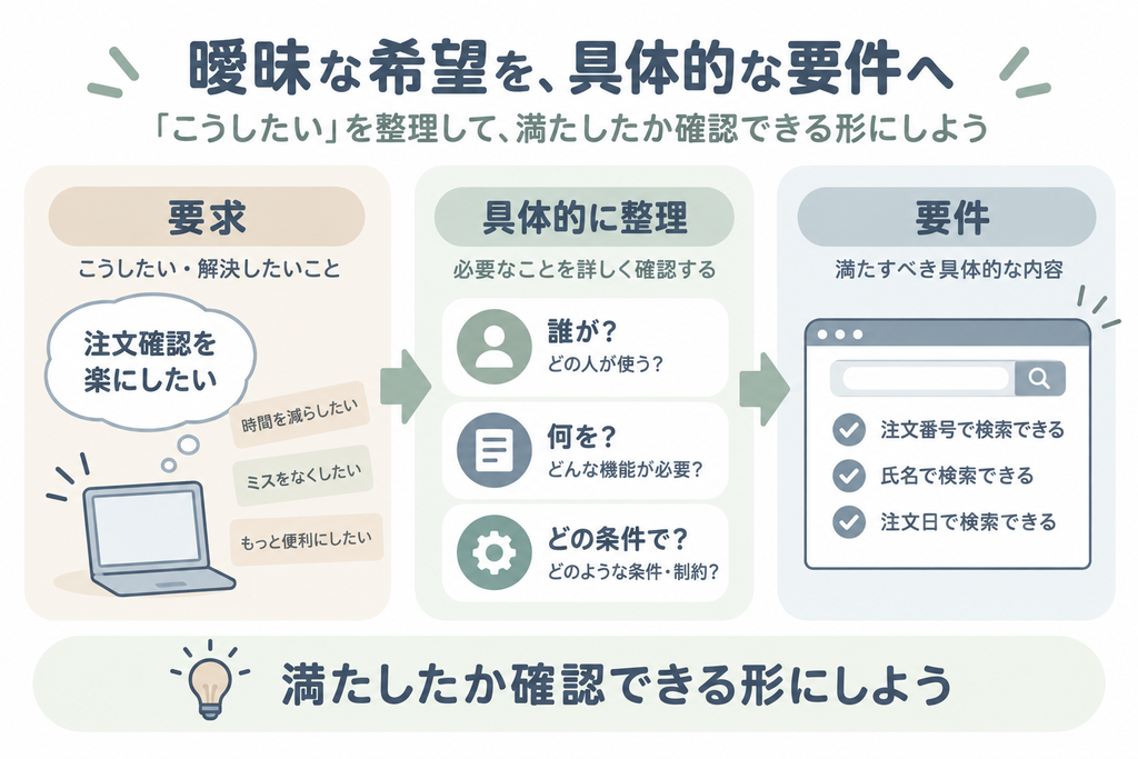 曖昧な要求を確認できる具体的な要件へ整理する流れ
