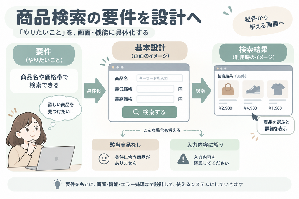 商品検索の要件を検索画面、検索結果、例外時の表示へ具体化する流れ