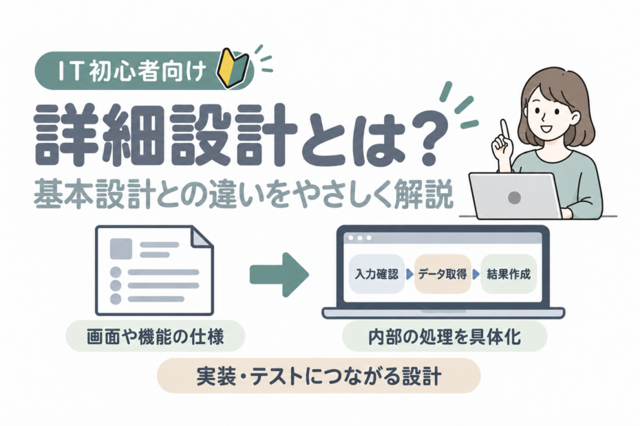 商品検索の画面や動きを、入力確認・データ取得・結果作成へ具体化する基本設計と詳細設計の関係