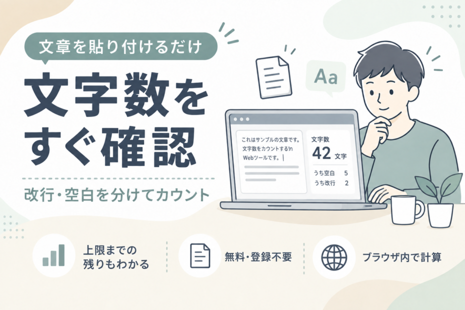 文章の文字数・空白を除いた文字数・行数を確認できる文字数カウントツール