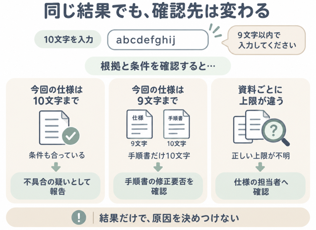 同じ入力エラーでも、適用される仕様や手順書の内容によって、不具合の報告・手順書の確認・仕様の確認に分かれる例