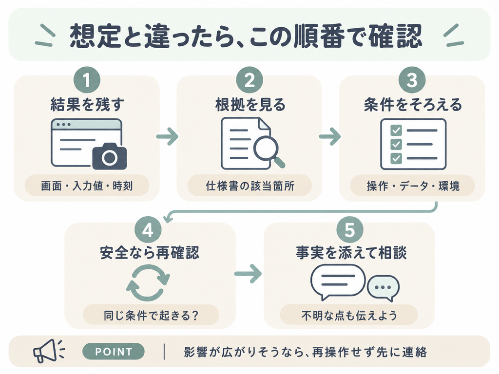 結果を残す、根拠を見る、条件をそろえる、安全なら再確認、事実を添えて相談する、の5つの手順
