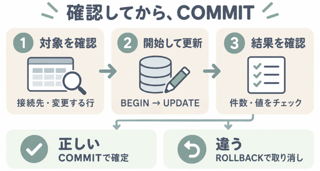 接続先と対象を確認し、BEGIN・UPDATEの後に件数と値を確認。正しければCOMMIT、違えばROLLBACKを選ぶ