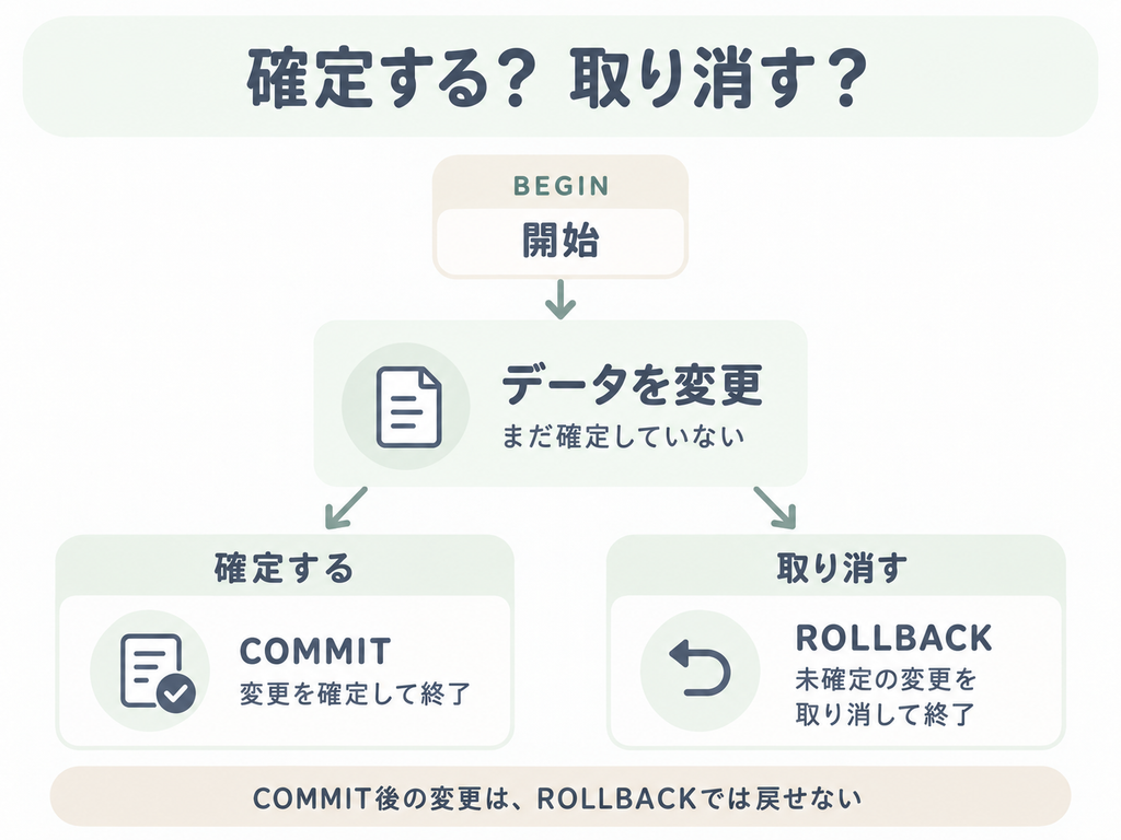 BEGINで開始してデータを変更し、COMMITで確定するか、ROLLBACKで未確定の変更を取り消して終了する