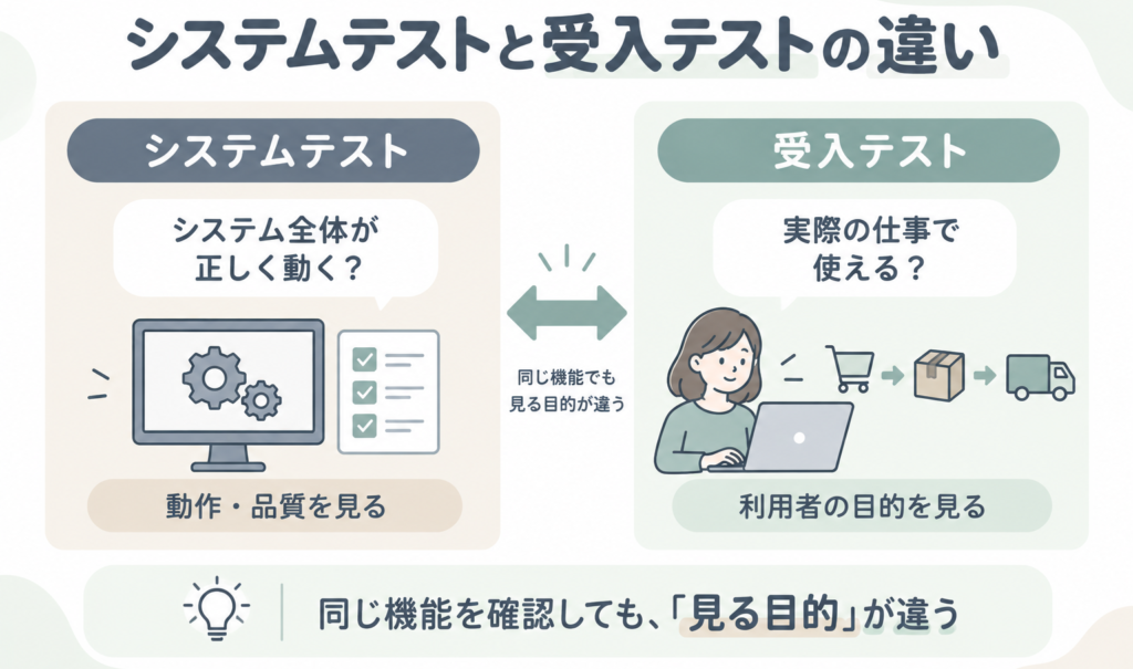 システムテストと受入テストの目的、判断基準、視点の違い