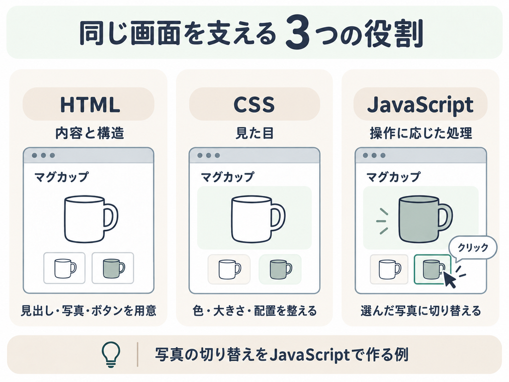 商品紹介画面を例にした、HTMLの内容と構造、CSSの見た目、JavaScriptの操作に応じた処理の違い