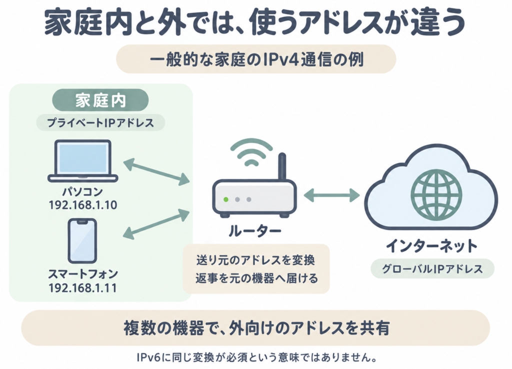 一般的な家庭のIPv4通信の例。家庭内のパソコンとスマートフォンが、ルーターを通じて外向けのIPアドレスを共有して通信する仕組み