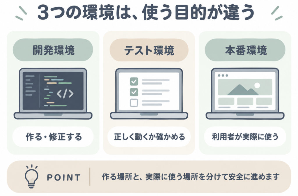 開発環境は作る、テスト環境は確かめる、本番環境は実際に使うという役割の違い