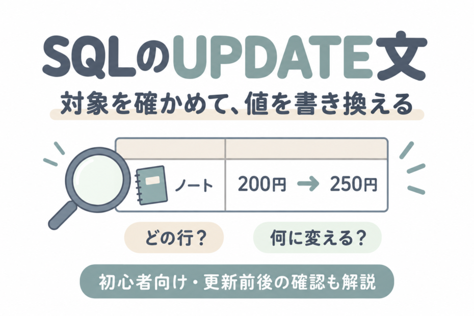 SQLのUPDATE文で対象を確認し、ノートの価格を200円から250円へ変更するイメージ。