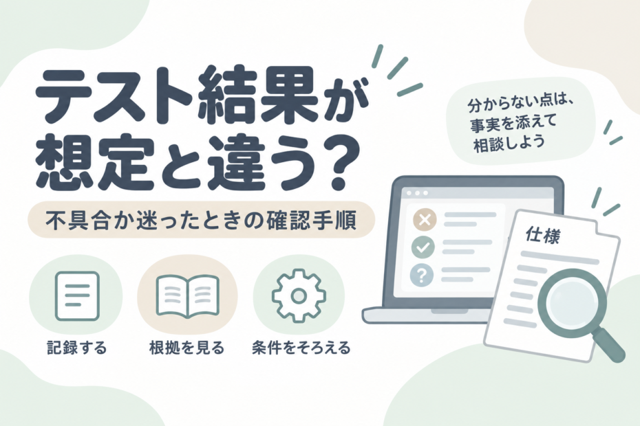 テスト結果が想定と違うときに、記録・根拠・条件を確認するイメージ