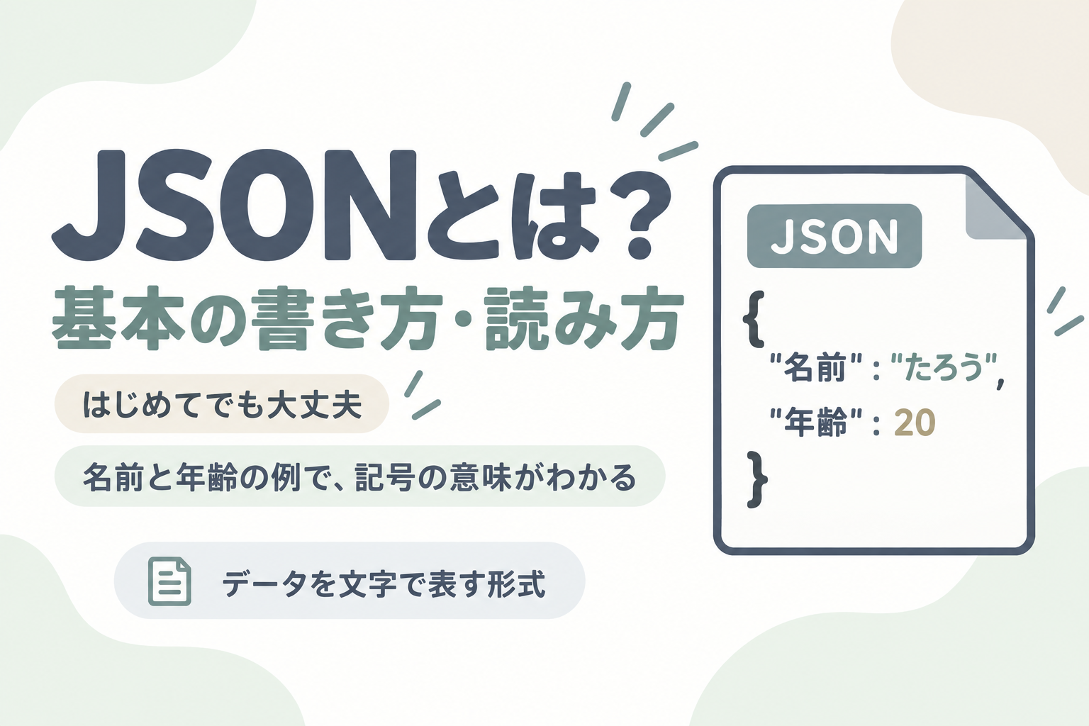 JSONの基本の書き方と読み方を紹介する、プロフィール入りの書類のイラスト