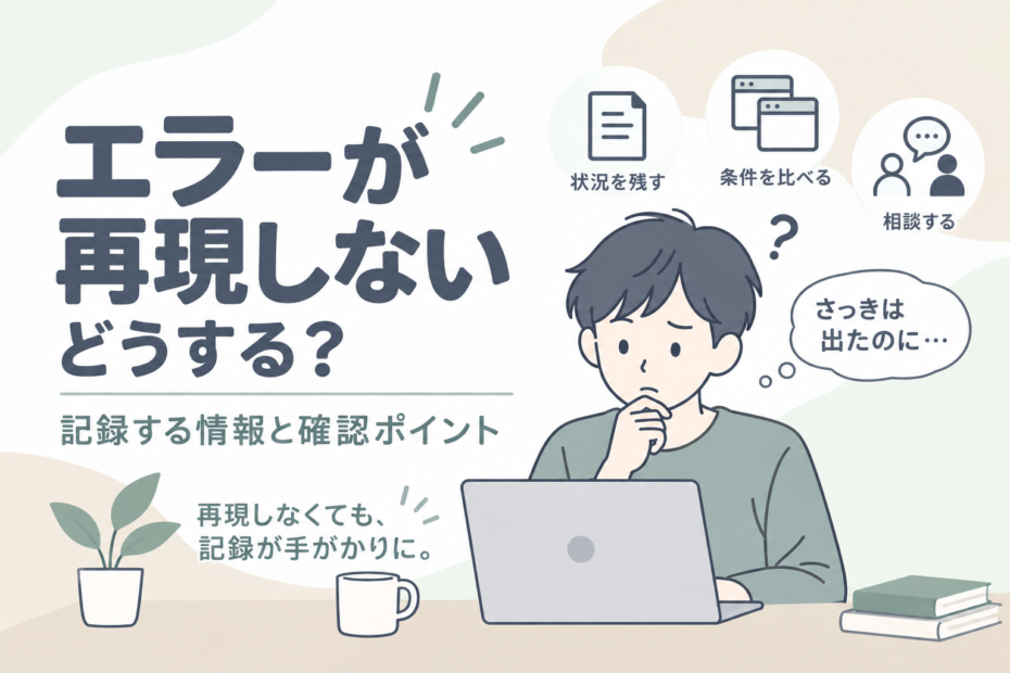エラーが再現せずPCの前で考える人物と、状況を残す・条件を比べる・相談するの案内