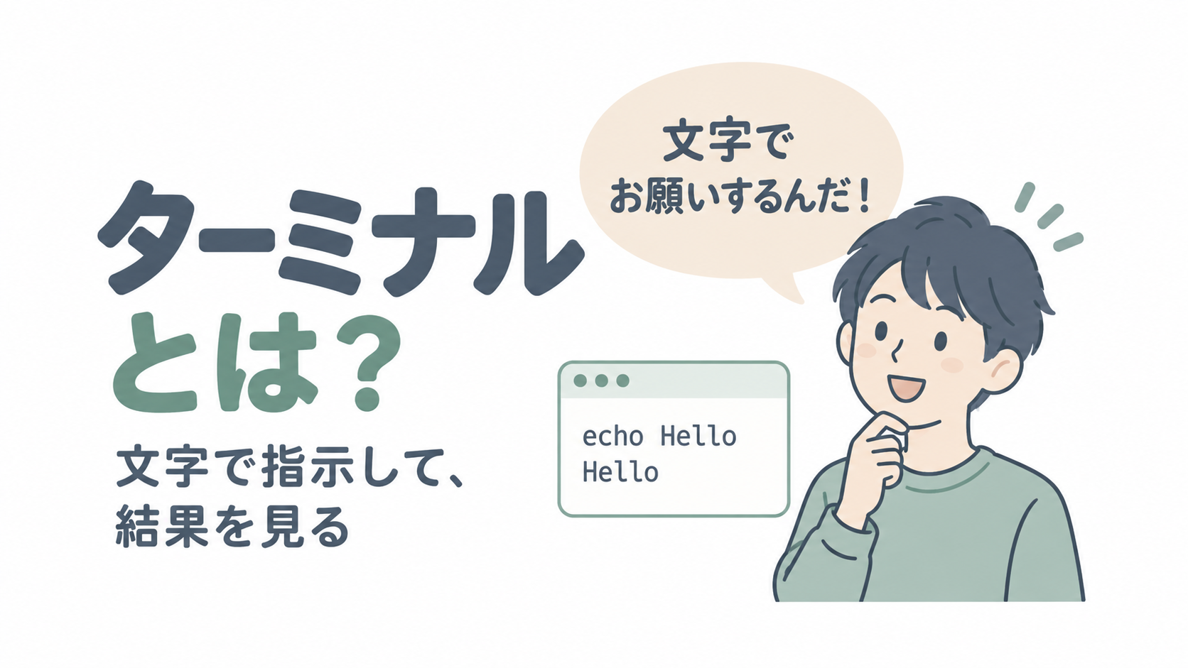 ターミナルが文字で指示する道具だと理解した人物と、echo Helloを表示する小さな画面