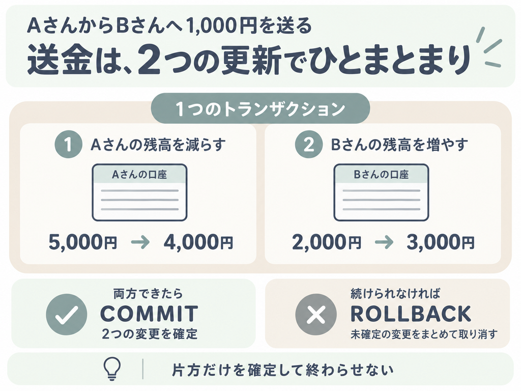 Aさんの残高を5,000円から4,000円に、Bさんを2,000円から3,000円にする2つの更新を、1つのトランザクションにまとめる