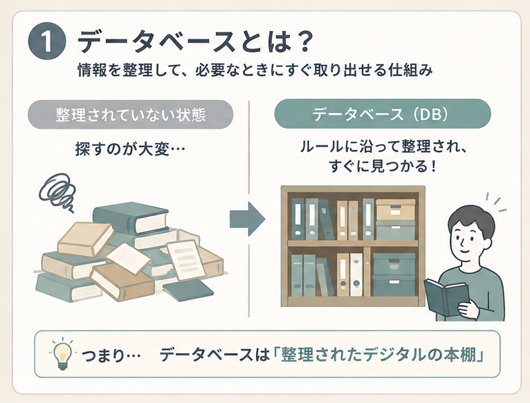 整理されていない情報とデータベースを本棚に例えた比較