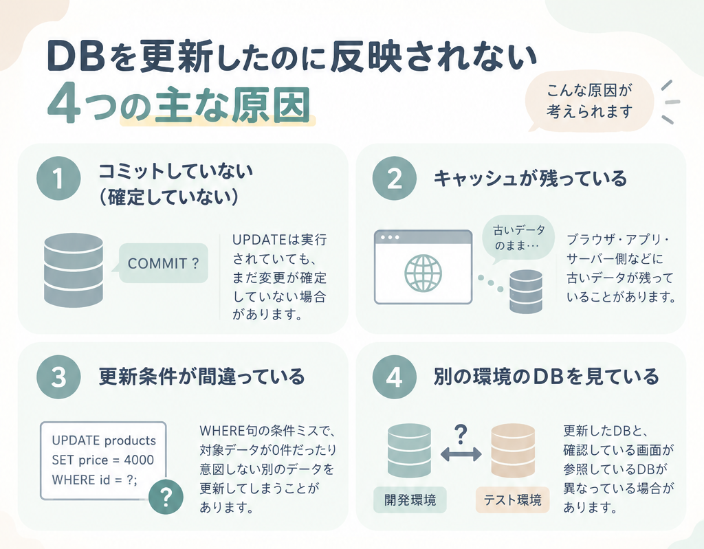 DB更新が反映されない主な原因であるコミット・キャッシュ・UPDATE条件・接続先DB