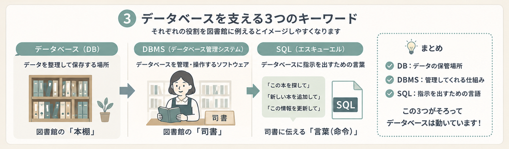 データベース・DBMS・SQLの役割を図書館に例えた関係図