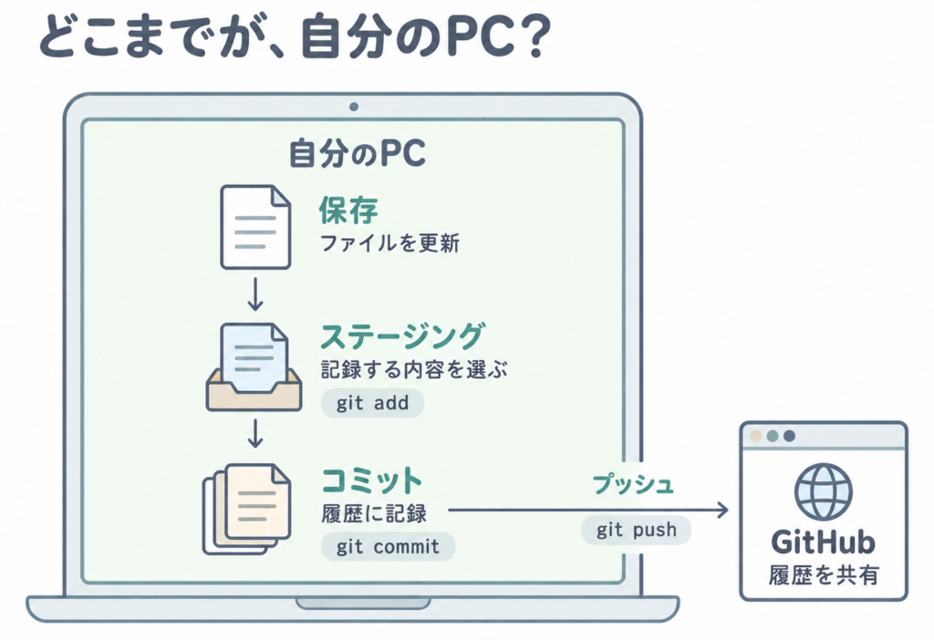 自分のPCでファイルを保存し、記録対象を選んでコミットしたあと、GitHubへプッシュする流れ。